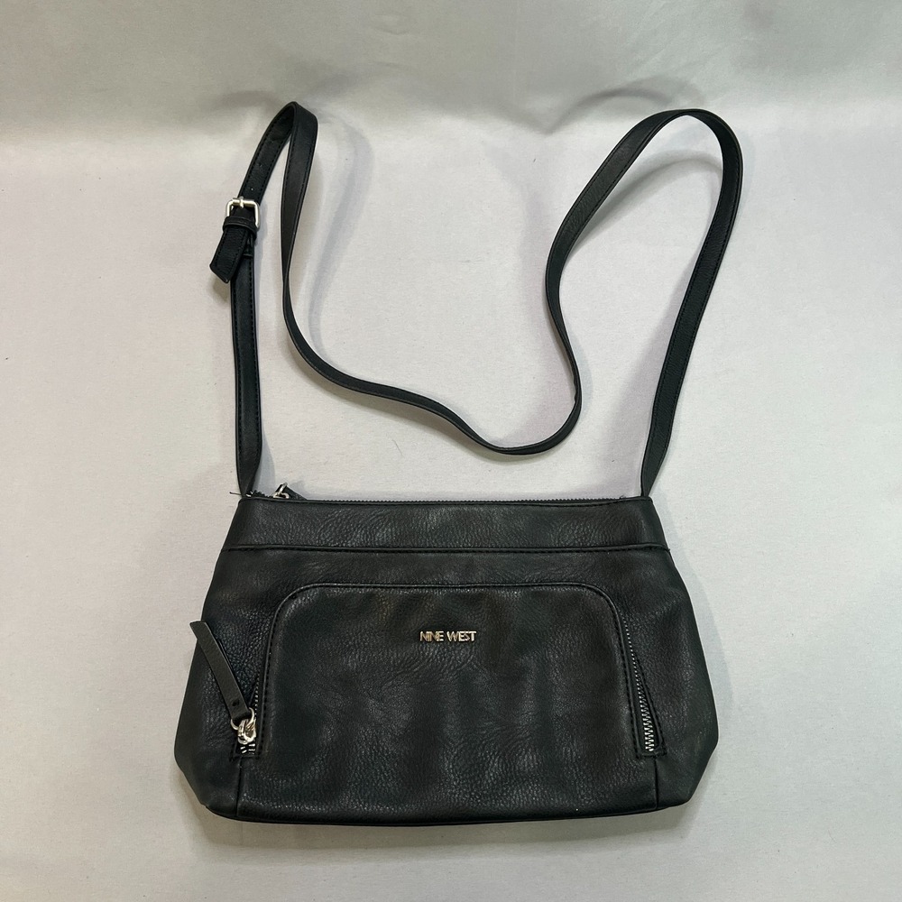 Nine West Crossbody Purse Womens Black Leather Adjustable Strap Shoulder Bag